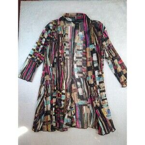 Ali Miles Cardigan Women Large Art To Wear Sheer Open Front Mesh Duster Colorful
